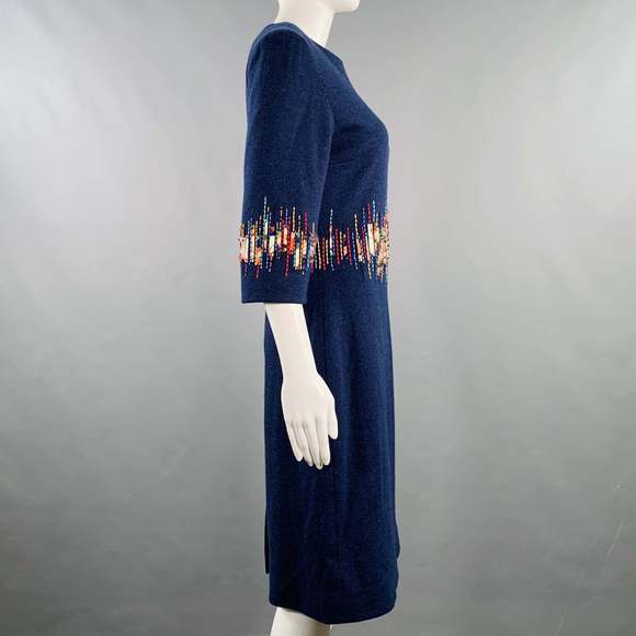 CAROLINA HERRERA Blue Multi Color Wool Beaded Back Zip Dress - Picture 3 of 8